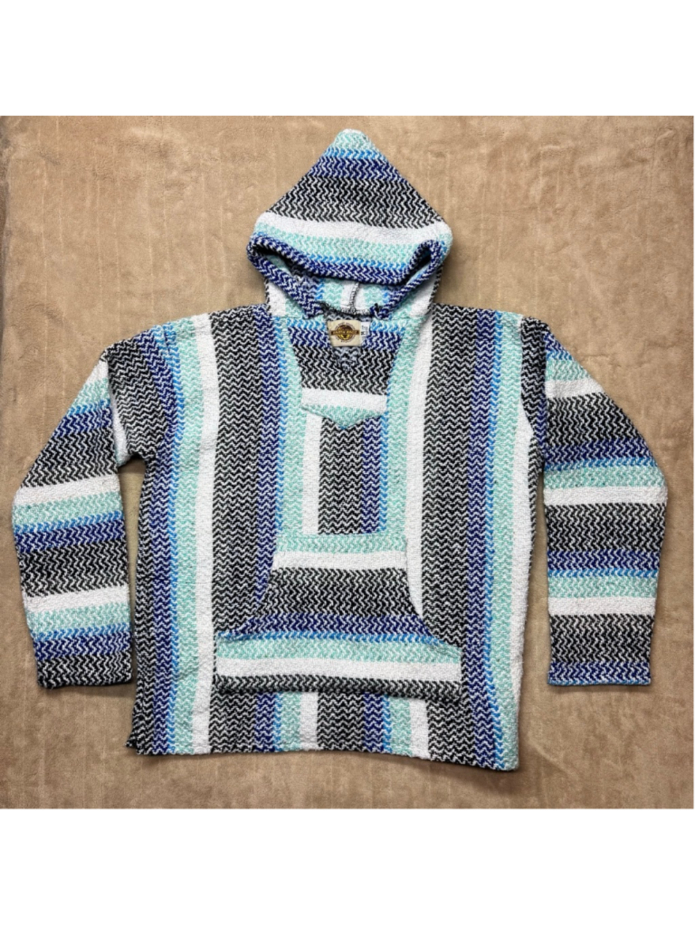 Men's Earth Ragz Knit‎ Hoodie Medium Blue White Striped Baja Pullover